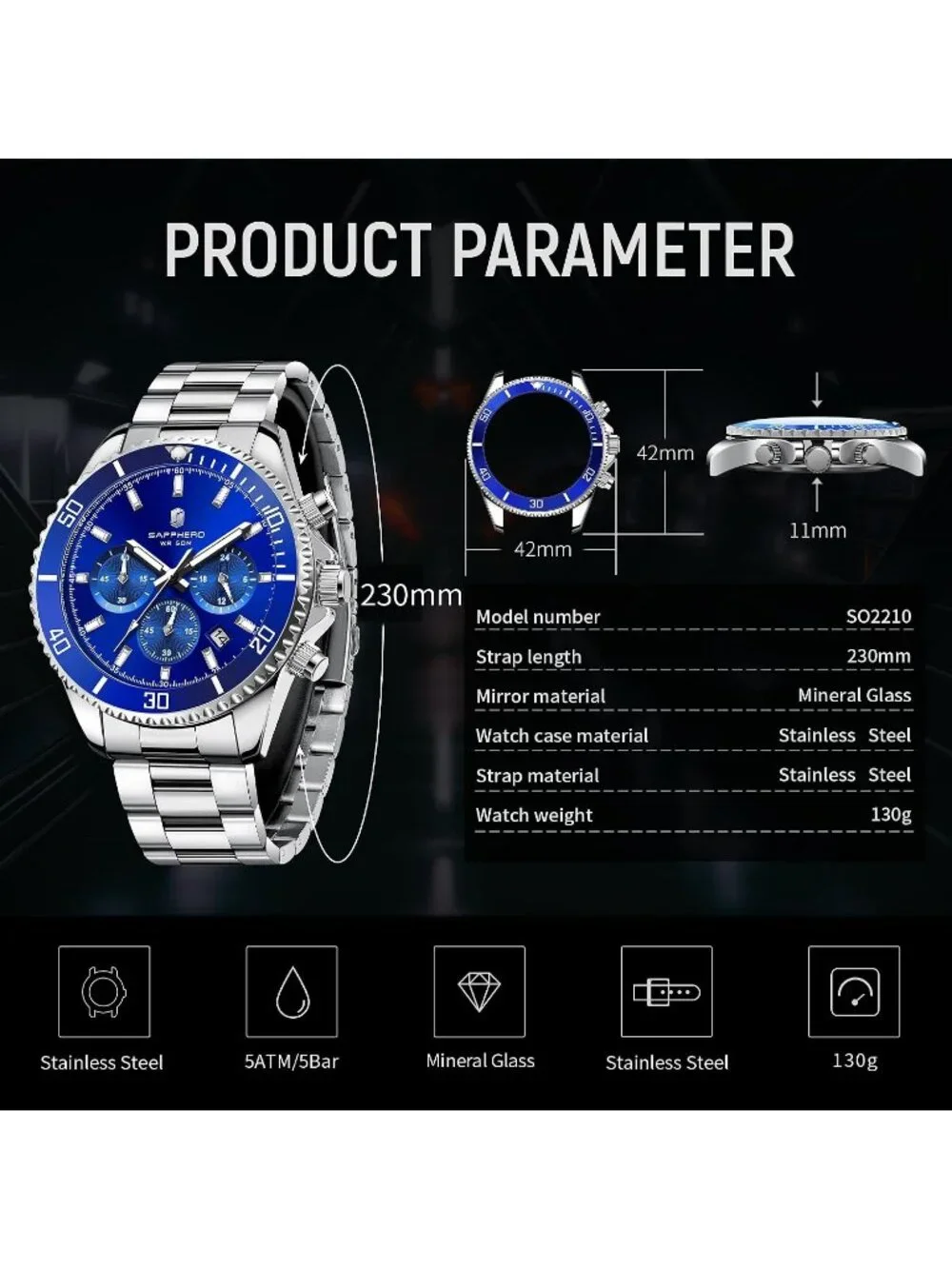 Men's Silver Strap/ Blue face Chronograph Stainless Steel Quartz Wrist Watch